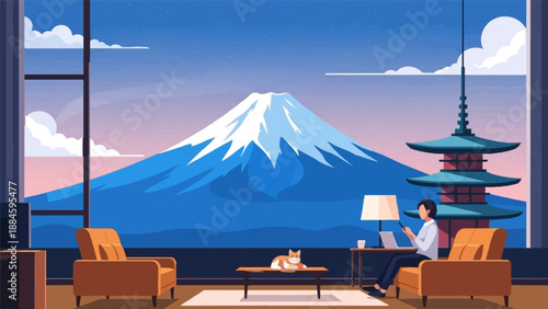 Person working remotely with a cat and Mount Fuji view