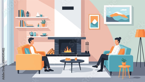 Two people relaxing in a cozy living room with a fireplace