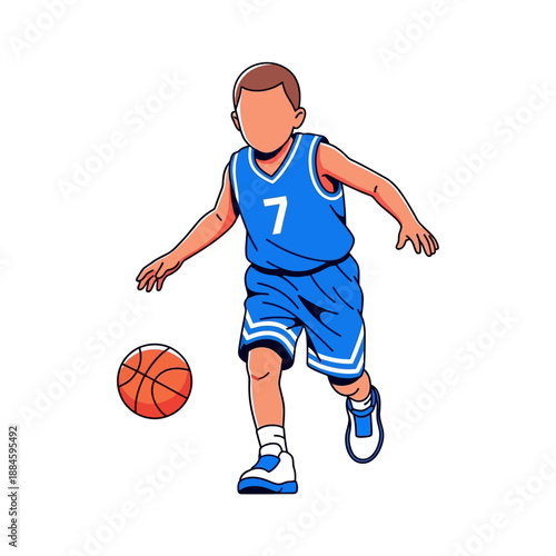 Young boy playing basketball, dribbling ball in blue uniform, sports illustration