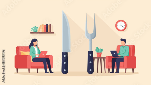 Two people working on laptops in a minimalist room with large cutlery