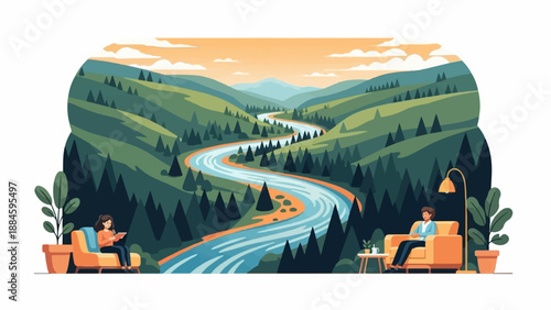 Serene river valley with people relaxing in comfortable chairs indoors
