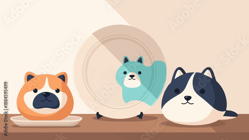 Three stylized cartoon dog heads on a shelf with a plate