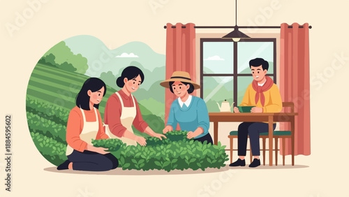 People harvesting leaves near a window and table with tea