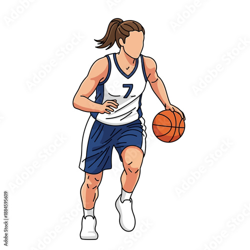 Female Basketball Player Dribbling Ball, Athletic Woman in Uniform on White Background
