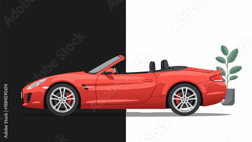 Sleek red convertible car against a stark black and white backdrop