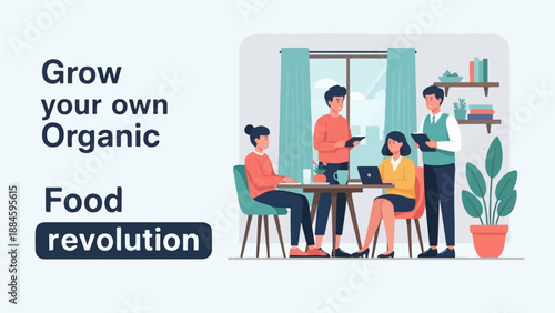 People in a room discuss organic food and revolution, with text