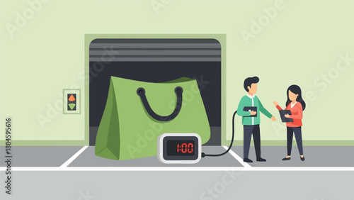 Two people stand near a large shopping bag and a digital timer