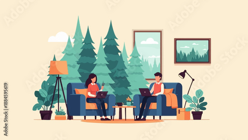 Two people work on laptops while relaxing in comfortable chairs