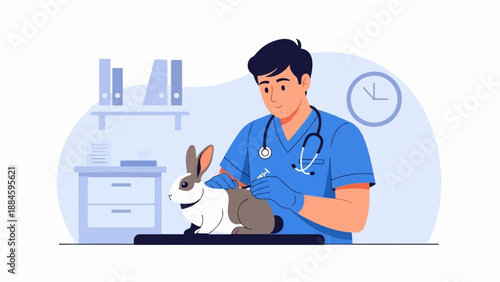 Veterinarian gives injection to rabbit in clinic