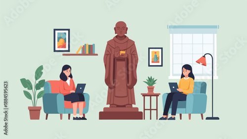 Two women work on laptops in cozy chairs flanking a large statue