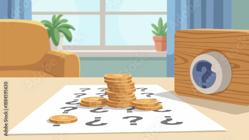 Stacks of coins and question marks on a desk with a wooden box
