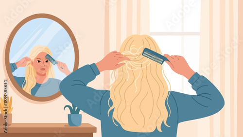 Woman with blond hair combs her hair in front of a mirror