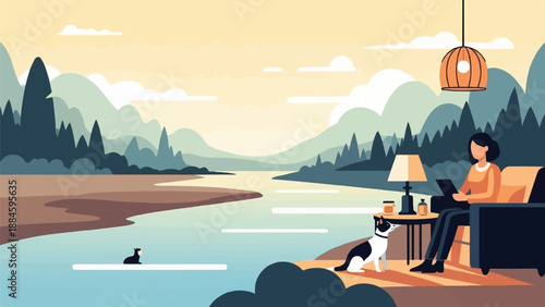 Person working remotely near a river with pets, surrounded by nature