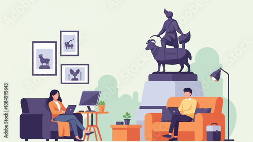 Two people working remotely in a stylish, modern living room setting