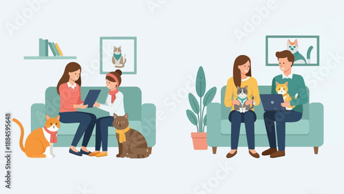 People and cats relaxing at home, some with devices