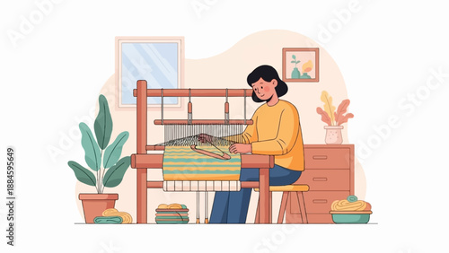 Woman at loom weaving colorful striped fabric in cozy room