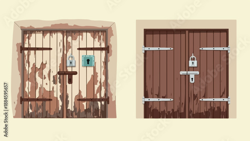 Two weathered wooden doors with metal locks and hinges on neutral background