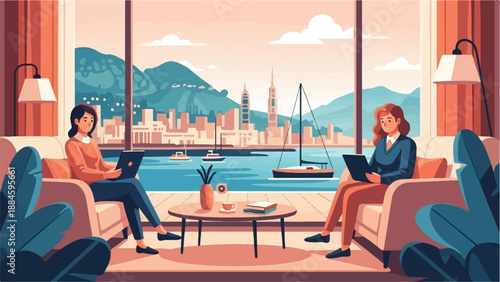 Two women work on laptops in a room overlooking a harbor with sailboats