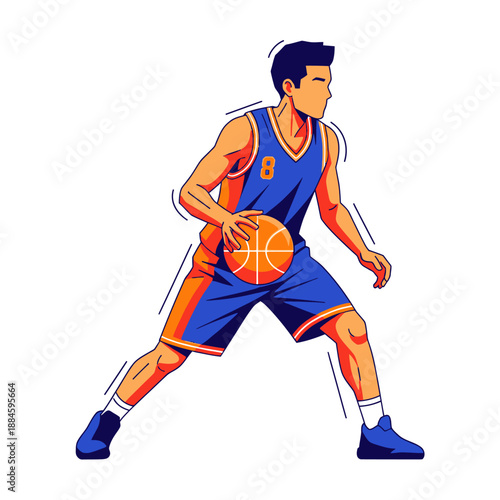 Basketball player dribbling ball, dynamic action pose, sport illustration