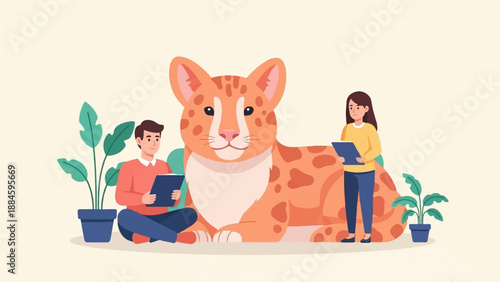 Two people and a large spotted cat in a relaxing, indoor setting