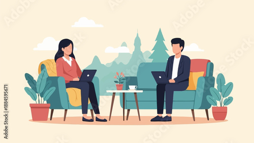 Two people on couches with laptops, near plants and a coffee table