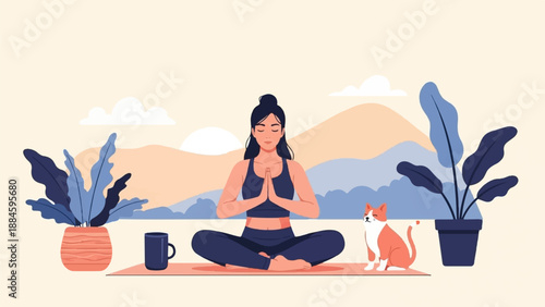 Woman meditating in lotus pose beside a cat and plants