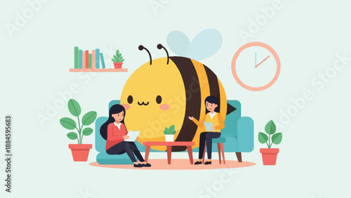 Two people in a room with a giant friendly bee, plants, and books