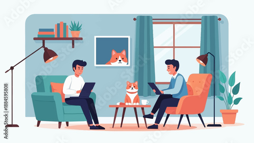 Two individuals and a dog relax in a cozy living room while using laptops