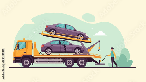 Tow truck with two cars, one damaged, and a person directing