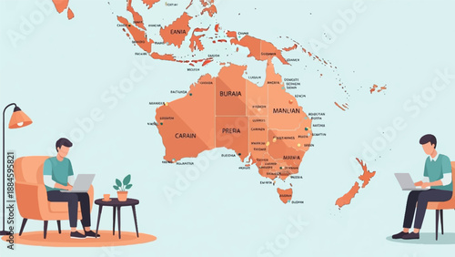 Two individuals using laptops in proximity to an Oceania map