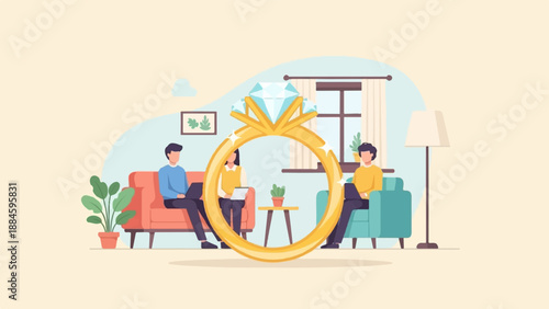 People in living room, focused on large diamond ring