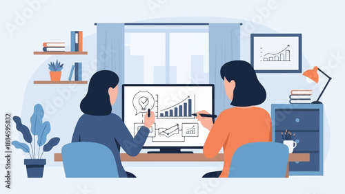 Two colleagues collaborate on a business growth strategy illustrated on a monitor