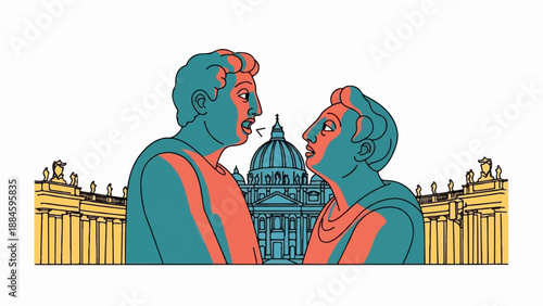 Two figures in conversation with a grand domed building behind them