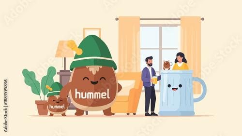 Whimsical characters and people enjoying time together in a cozy room