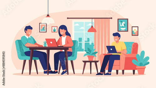 People working on laptops in a bright, modern room with plants