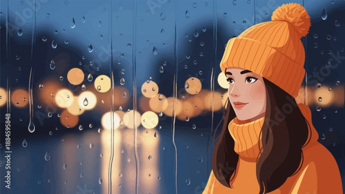 Young woman with brown hair wearing an orange beanie and sweater, looking out a rainy window