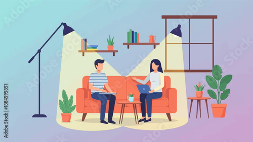 Two people conversing while seated on a sofa, illuminated by lamps