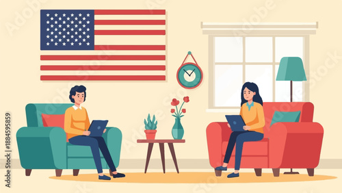 Two people using laptops while relaxing in a living room with an American flag