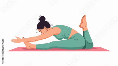 Woman in athletic wear doing yoga pose, stretching on mat