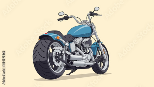 Pixel art illustration of a blue cruiser motorcycle on a light beige background