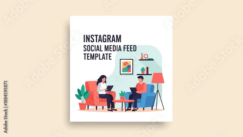 Two people use tablets in cozy living room setting, social media feed template