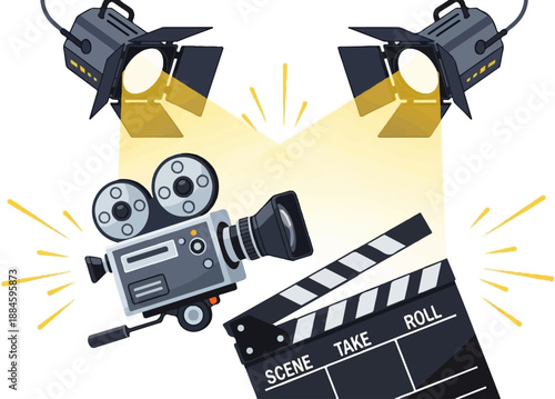 Movie making equipment with spotlights, vintage camera, and clapperboard
