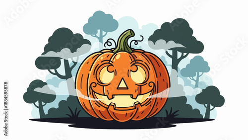 Spooky jack-o'-lantern smiles amidst a misty, dark forest scene