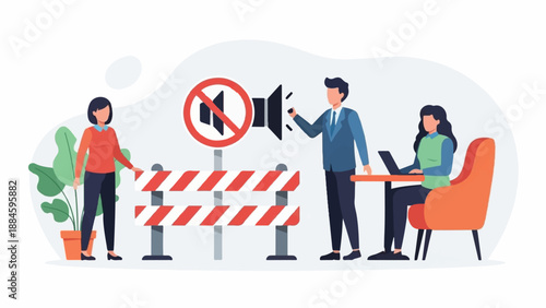 Office workers observe a no-sound zone with barrier and plants