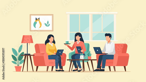 Three people work on laptops in a cozy room with armchairs and a window