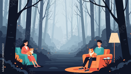 Serene forest scene with two people and their dogs relaxing in chairs