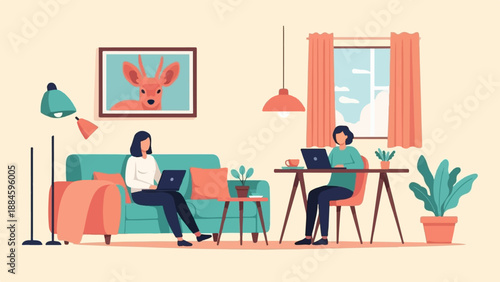 Two individuals work on laptops in a modern living room, one on a sofa, the other at a desk