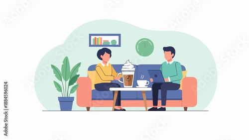 Two people in a room, one with a drink, one with a laptop, on a sofa
