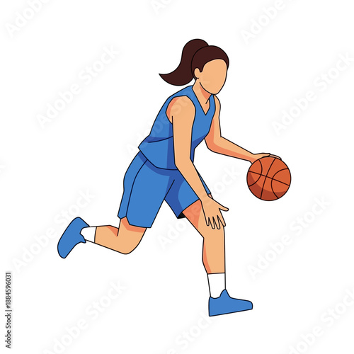 Female basketball player dribbling ball, athletic sport, dynamic action, flat illustration