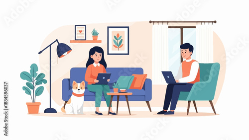 People working on laptops in a cozy living room with a dog